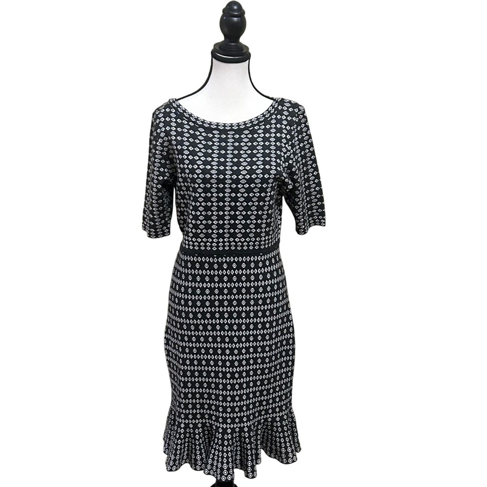 Taylor Dresses Black‎ White Pattern Knit Ruffle Hem Dress Women's Large L